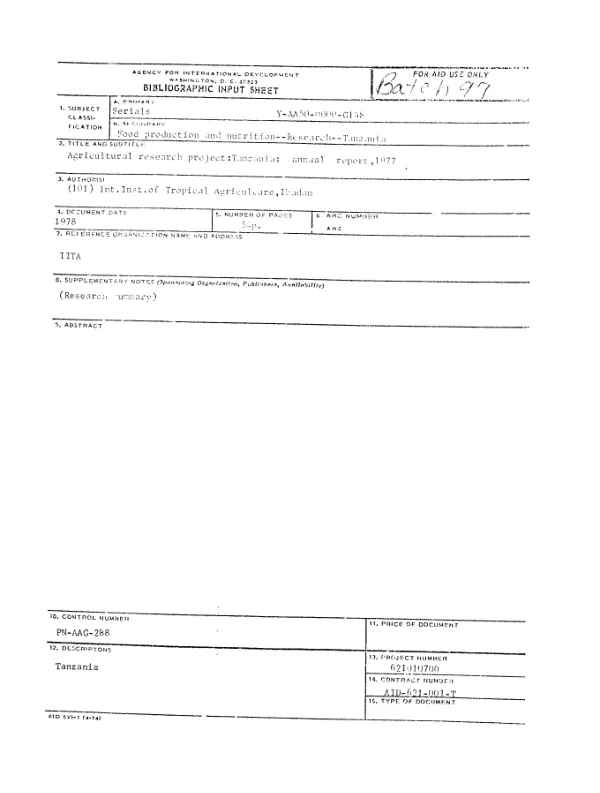 AGRICULTURAL RESEARCH PROJECT : TANZANIA; ANNUAL REPORT, 1977