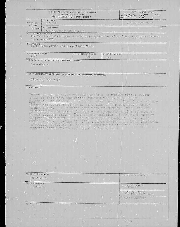 IN VITRO CULTIVATION OF MALARIA PARASITES IN CELL CULTURES; PROGRESS REPORT, JAN.-JUNE, 1978
