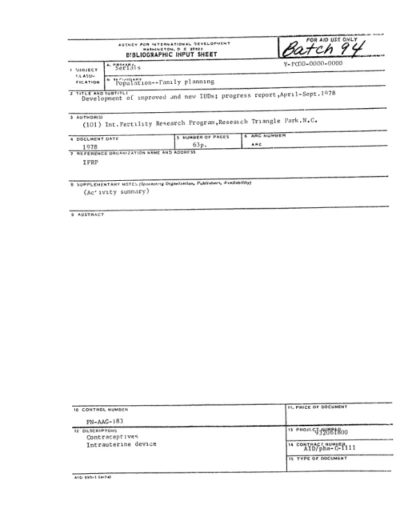DEVELOPMENT OF IMPROVED AND NEW IUDS; PROGRESS REPORT, APRIL - SEPT. 1978