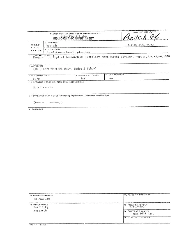 PROGRAM FOR APPLIED RESEARCH ON FERTILITY REGULATION; PROGRESS REPORT, JAN.-JUNE, 1978