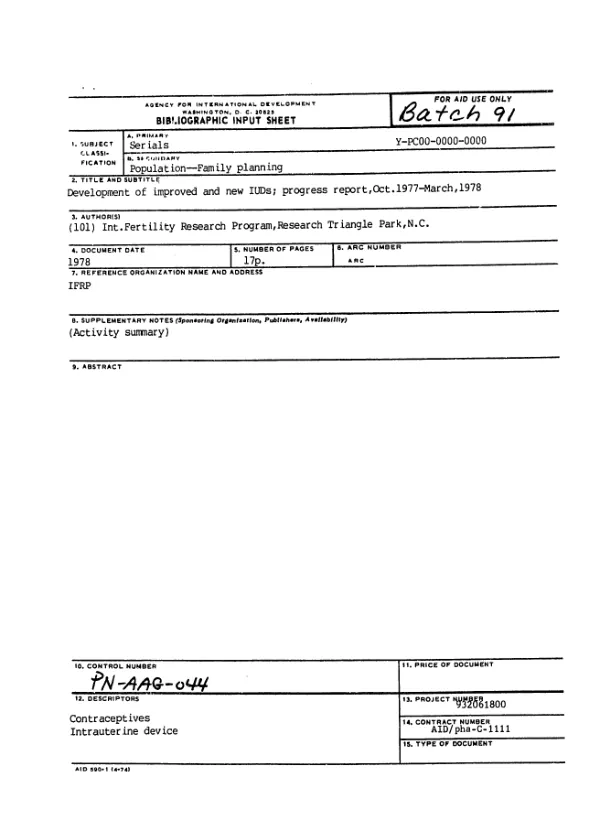 DEVELOPMENT OF IMPROVED AND NEW IUDS; PROGRESS REPORT, OCT. 1977 MARCH, 1978