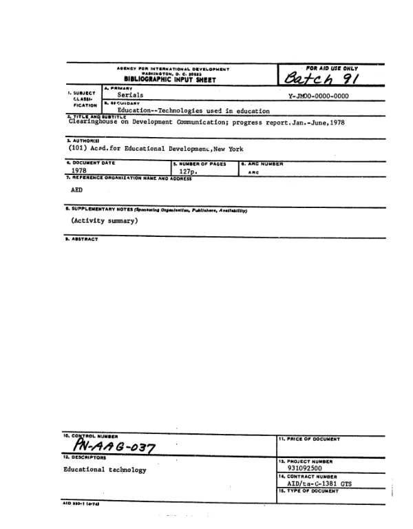CLEARINGHOUSE ON DEVELOPMENT COMMUNICATION; PROGRESS REPORT, JAN.-JUNE, 1978