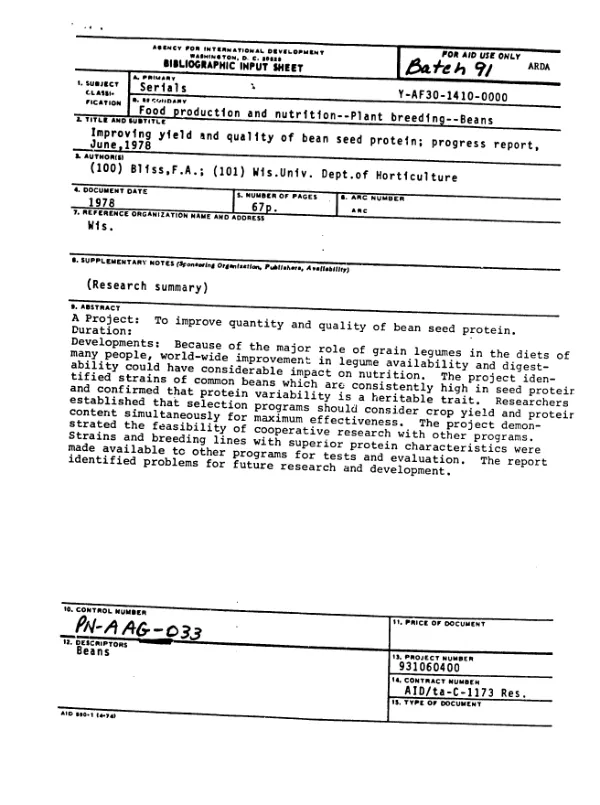 IMPROVING YIELD AND QUALITY OF BEAN SEED PROTEIN; PROGRESS REPORT, JUNE, 1978