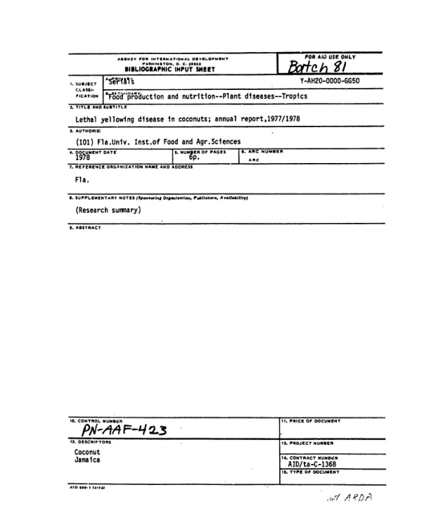 LETHAL YELLOWING DISEASE IN COCONUTS; ANNUAL REPORT, 1977/1978
