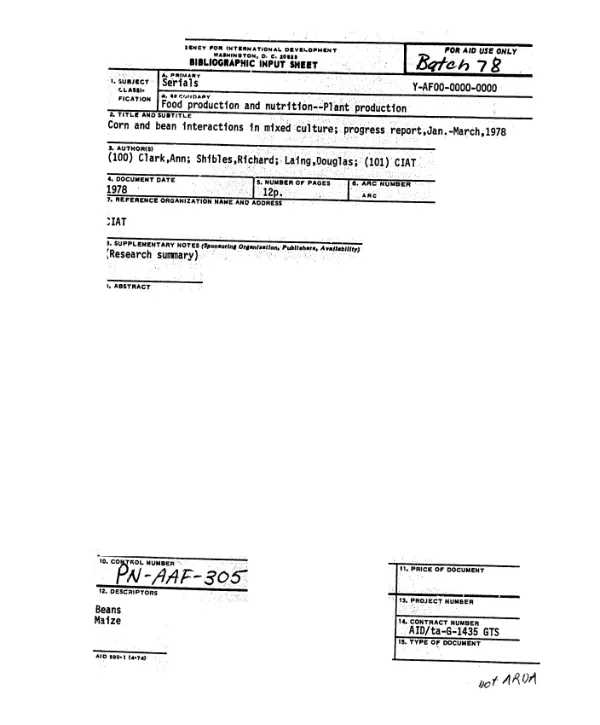 CORN AND BEAN INTERACTIONS IN MIXED CULTURE; PROGRESS REPORT, JAN.-MARCH, 1978