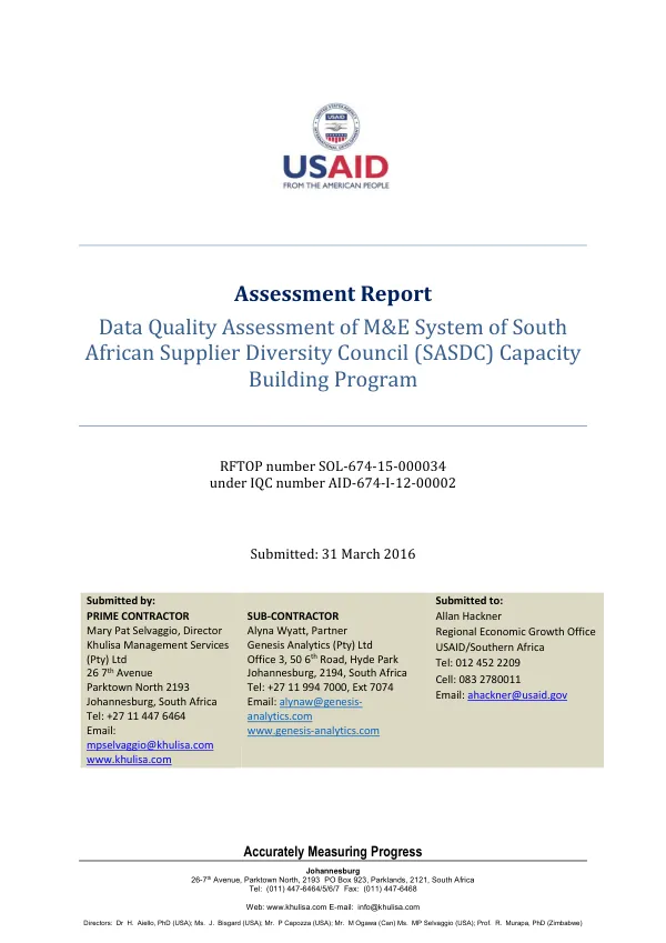 Assessment report : data quality assessment of M&E system of South African Supplier Diversity Council (SASDC) capacity building program