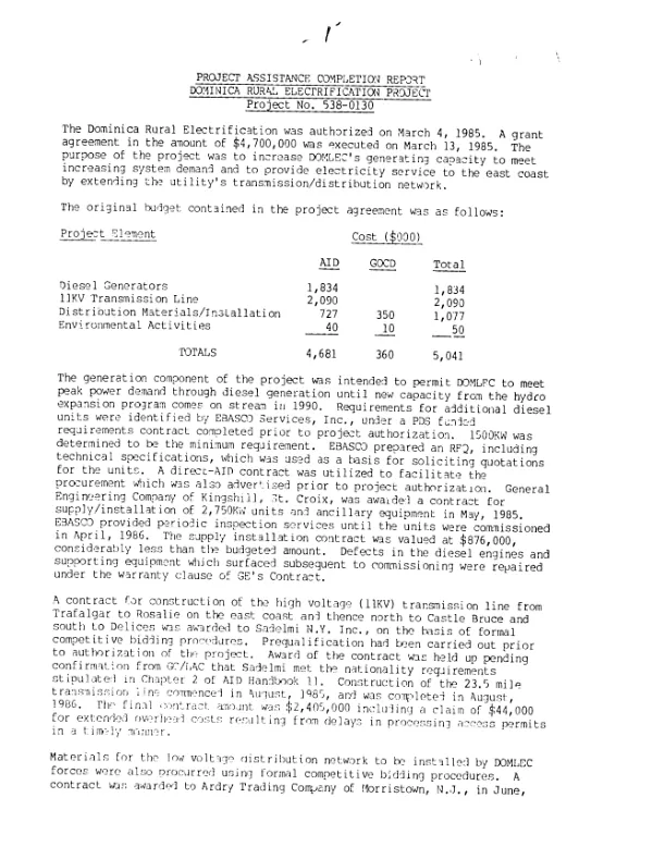 Project assistance completion report : Dominica rural electrification project, project no. 538-0130