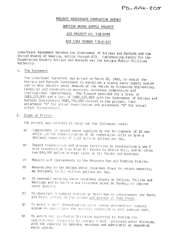 Project assistance completion report : Antigua water supply project, AID project no. 538-0098, AID loan number 538-K-023