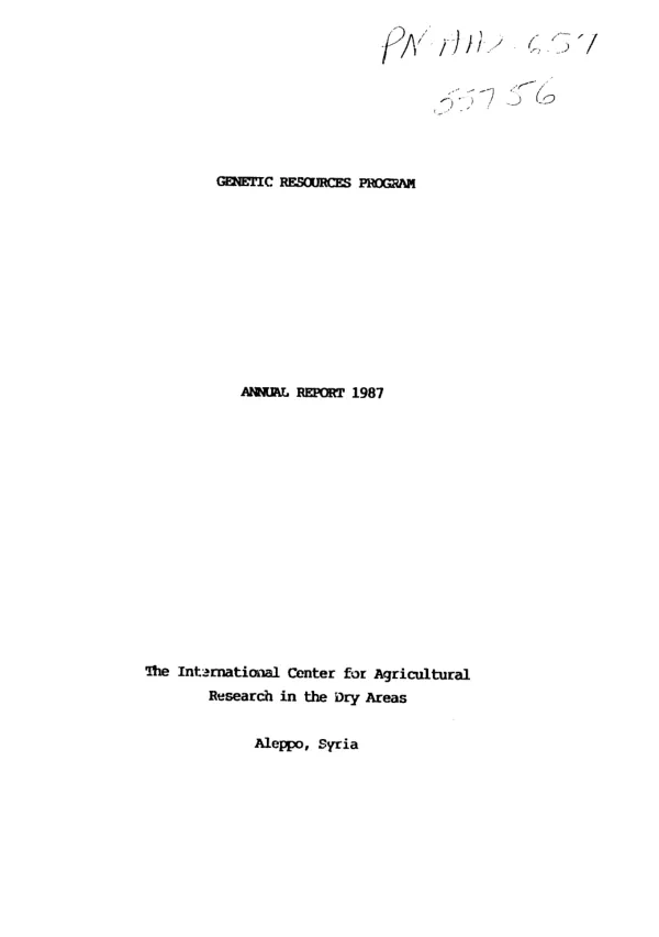Genetic resources program : annual report for 1987