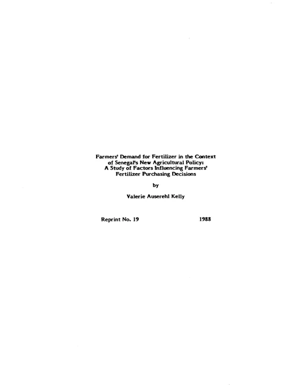 Farmers" demand for fertilizer in the context of Senegal"s new agricultural policy : a study of factors influencing farmers" fertilizer purchasing decisions