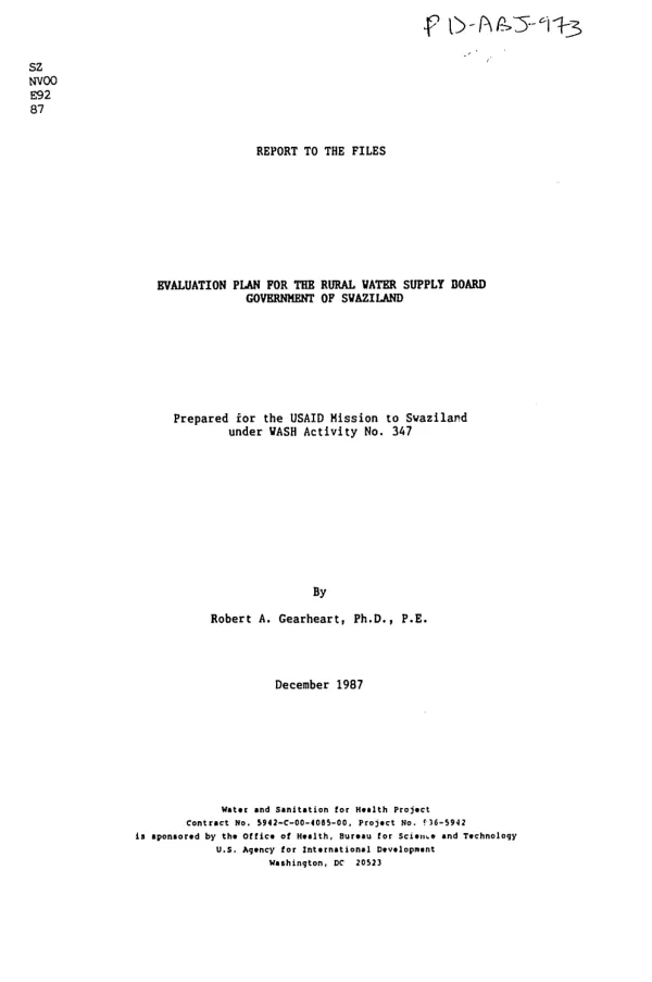 Evaluation plan for the Rural Water Supply Board, Government of Swaziland