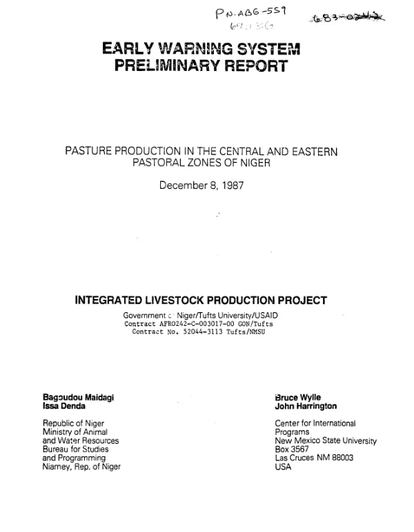 Early warning system preliminary report : pasture production in the central and eastern pastoral zones of Niger