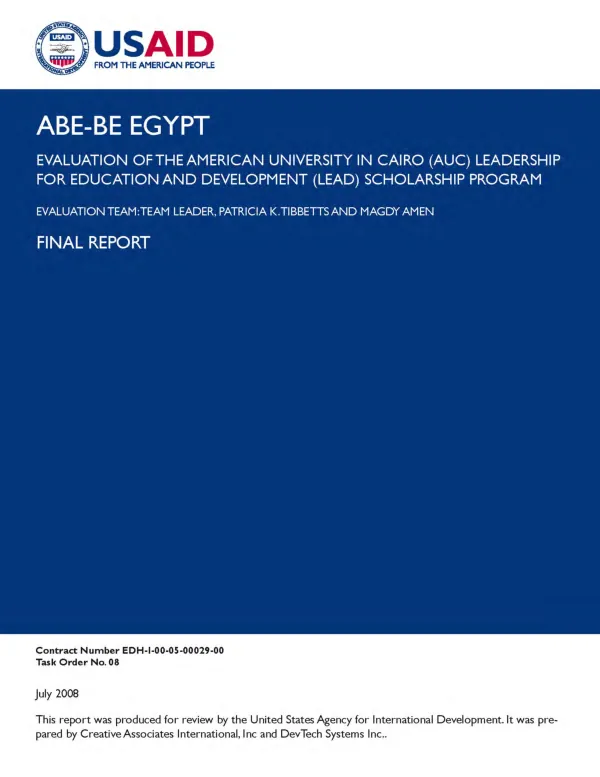 ABE-BE Egypt : evaluation of the American University in Cairo (AUC) leadership for education and development (LEAD) scholarship program