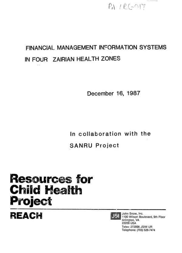 Financial management information systems in four Zairian health zones : final report of a study sponsored by the basic rural health project (SANRU) and resources for child health project (REACH)