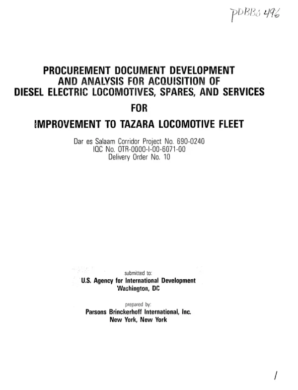 Procurement document development and analysis for acquisition of diesel electric locomotives, spares, and services for improvement to Tazara locomotive fleet