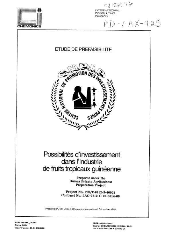Etude de prefaisibilite : possibilites d"investissement dans l"industrie de fruits tropicaux guineenne