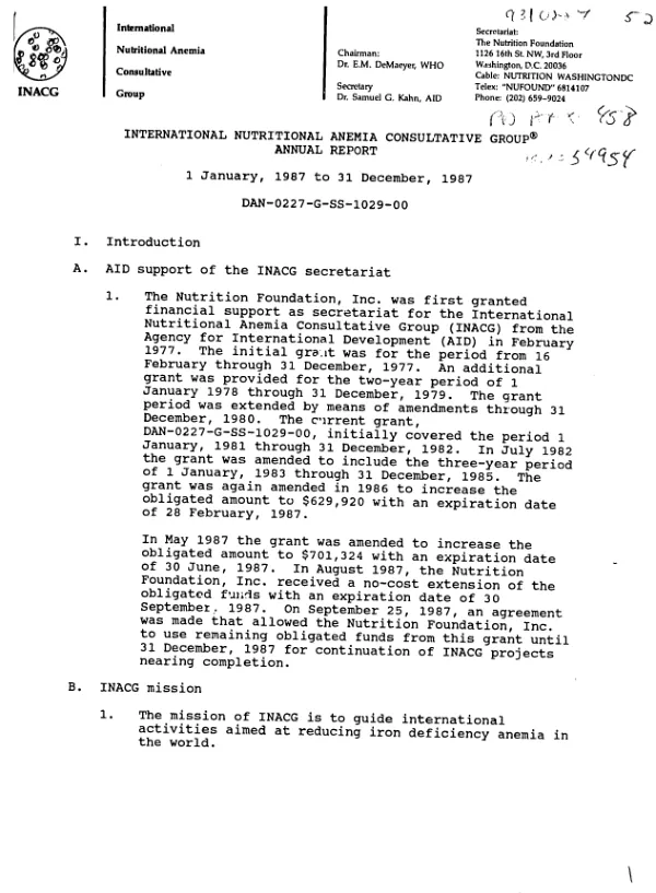 International nutritional anemia consultative group : annual report, 1 January, 1987 to 31 December, 1987