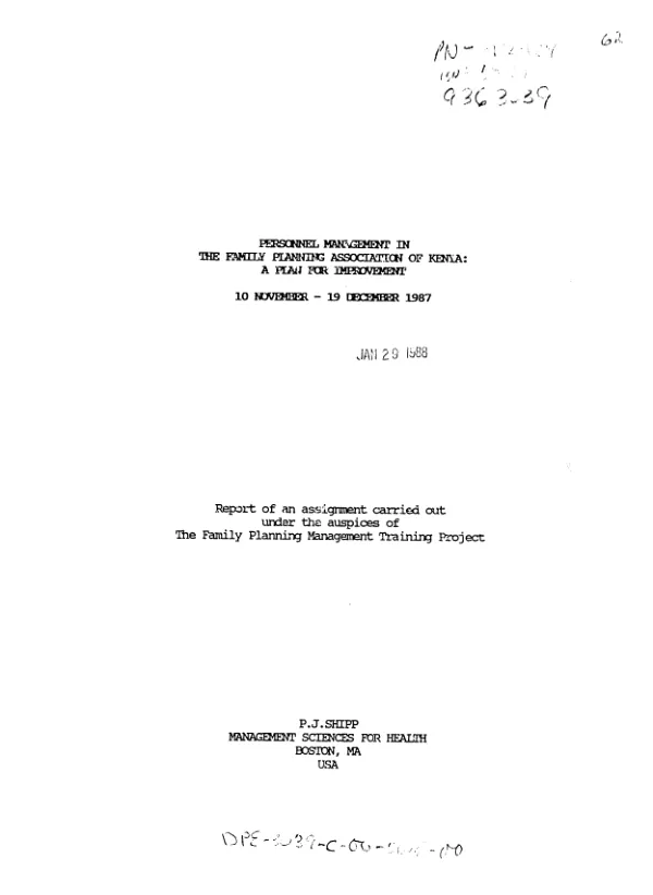 Personnel management in the Family Planning Association of Kenya : a plan for improvement, 10 November - 19 December 1987