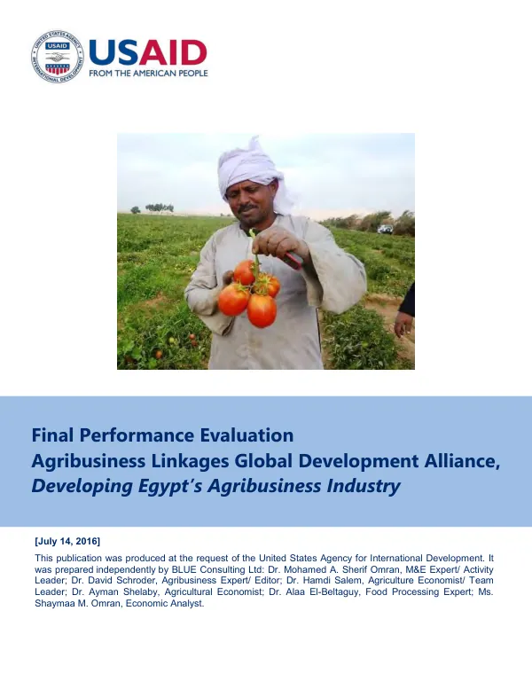 Final performance evaluation : agribusiness linkages global development alliance, developing Egypt's agribusiness industry
