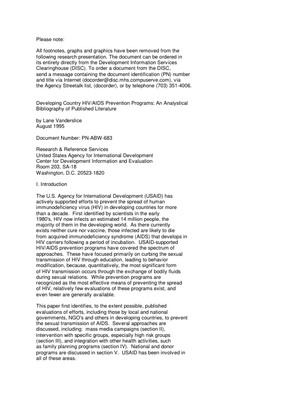 Developing country HIV/AIDS prevention programs : an analytical bibliography of published evaluation literature