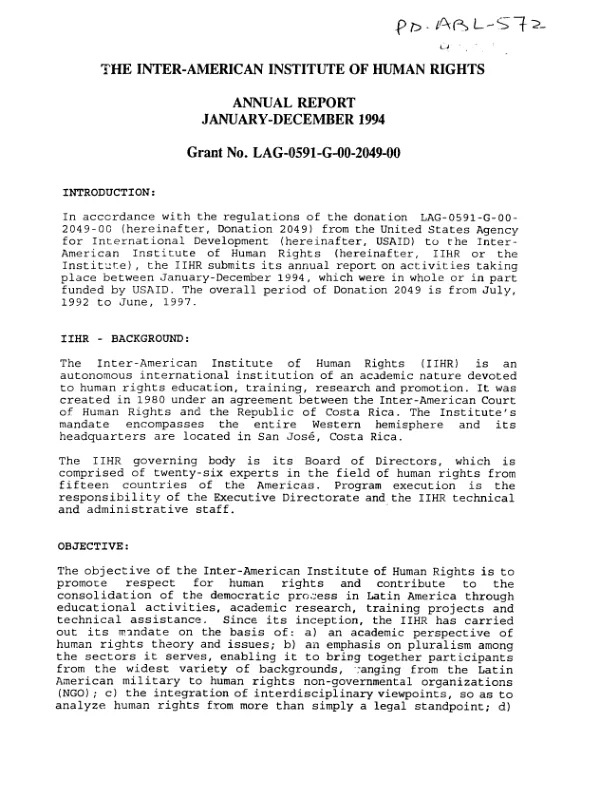 Inter-American Institute of Human Rights : annual report January-December 1994 -- grant no. LAG-0591-G-00-2049-00