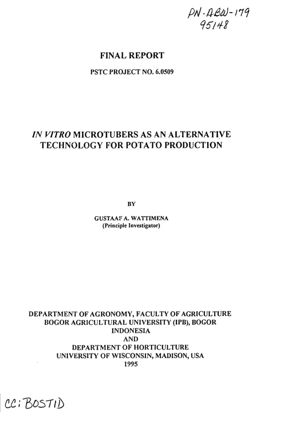 Final report : in vitro microtubers as an alternative technology for potato production