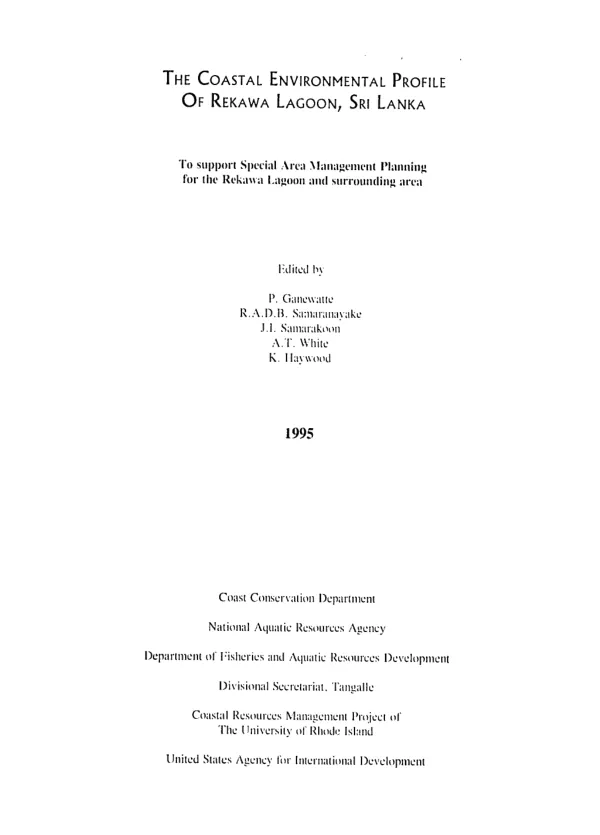 Coastal environmental profile of Rekawa Lagoon, Sri Lanka : to support special area management planning for the Rekawa Lagoon and surrounding area