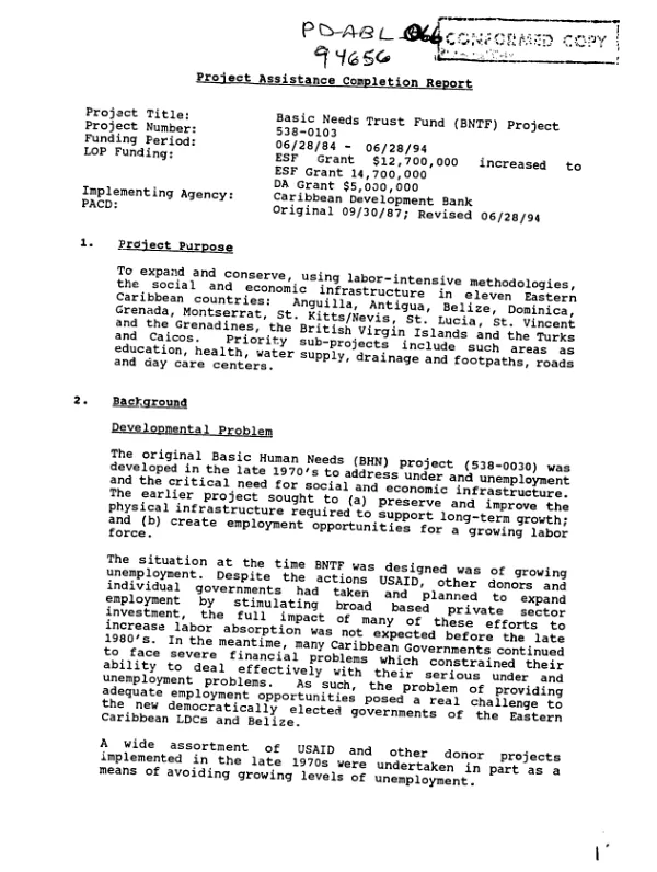 Project assistance completion report : basic needs trust fund (BNTF) project