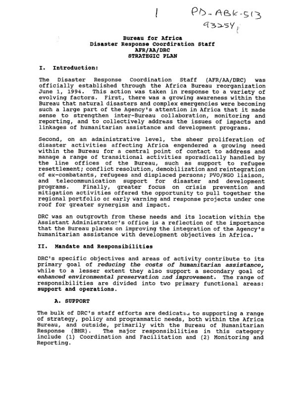 Bureau for Africa, Disaster Response Coordination Staff, AFR/AA/DRC : strategic plan