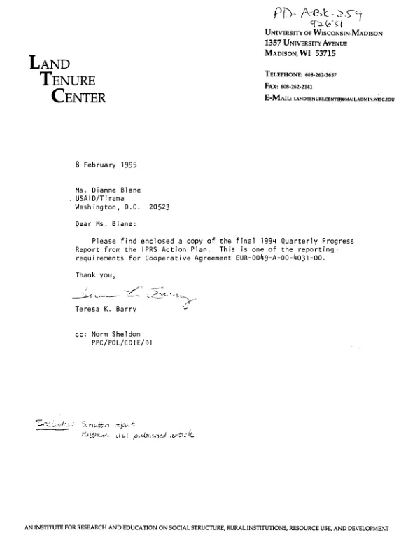 Report on work activity on the implementation of the action plan for IPRS [immovable property registration system] : October-December 1994