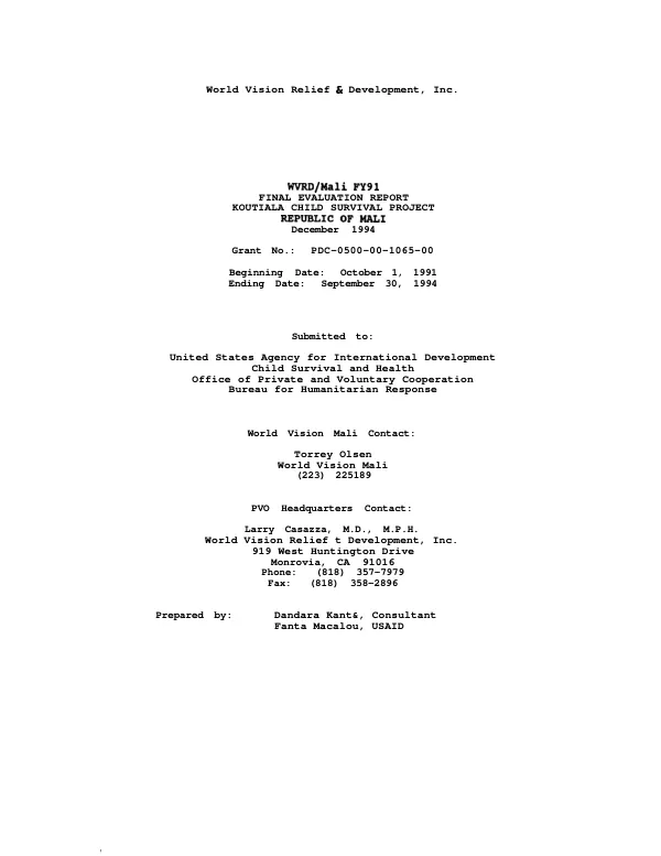 WVRD/Mali FY 91 : final evaluation report : Koutiala child survival project, Republic of Mali