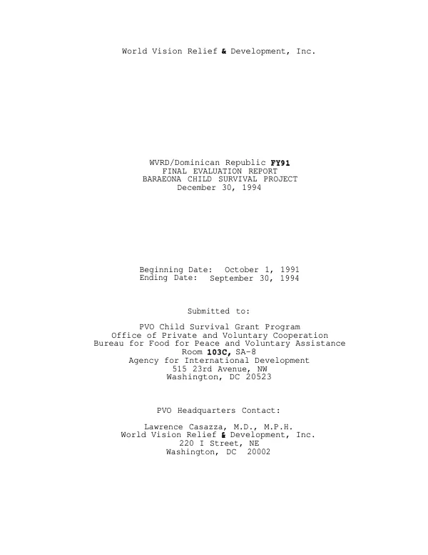 WVRD/Dominican Republic FY 91 : final evaluation report -- Baraeona [i.e. Barahona] child survival project