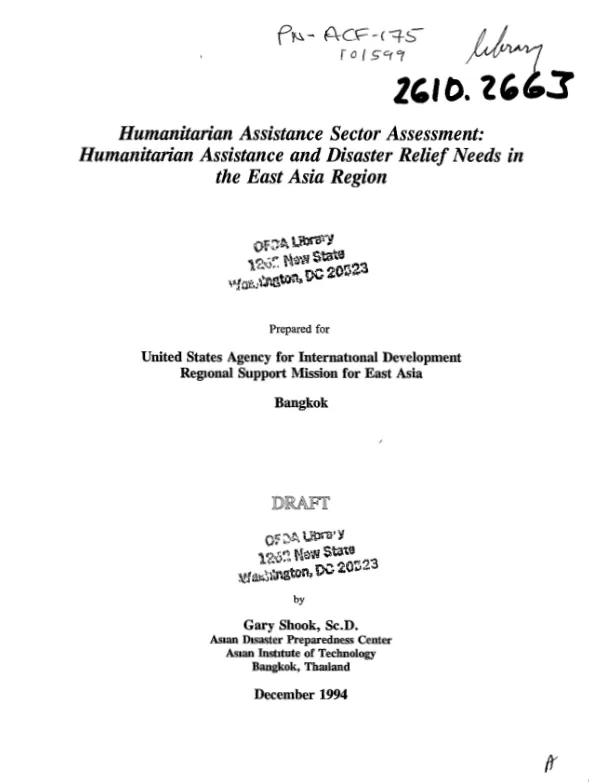 Humanitarian assistance sector assessment : humanitarian assistance and disaster relief needs in the East Asia region