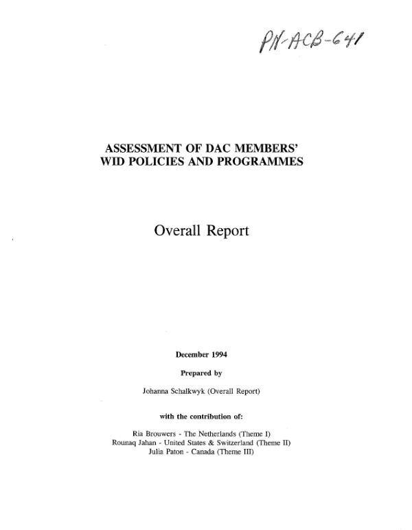 Assessment of DAC [Development Assistance Committee] members" WID [women in development] policies and programmes : overall report