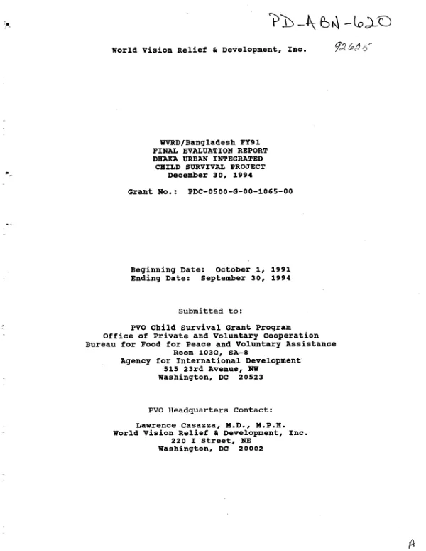 WVRD/Bangladesh FY 91 : final evaluation report -- Dhaka urban integrated child survival project