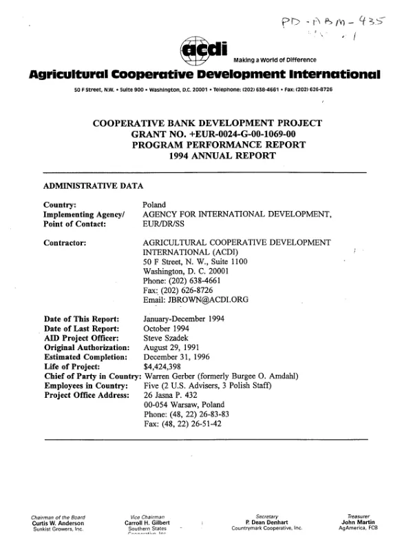 Cooperative bank development project : grant no. EUR-0024-G-00-1069-00 -- program performance report : 1994 annual report