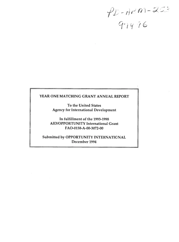 Year one matching grant annual report : AID/Opportunity International grant FAO-0158-A-00-3072-00