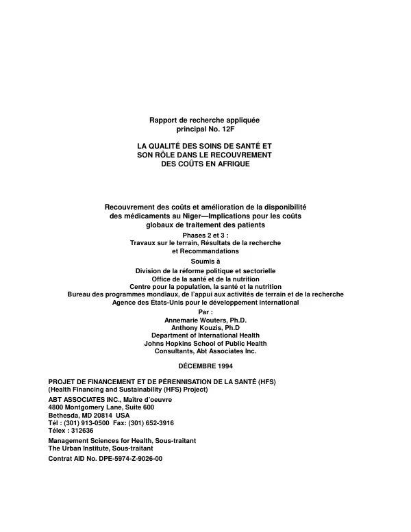Qualite des soins de sante et son role dans le recouvrement des couts en Afrique : recouvrement des couts et amelioration de la disponibilite des medicaments au Niger -- implications pour les couts globaux de traitement des patients -- phases 2 et 3 : travaux sur le terrain, resultats de le recherche et recommandations