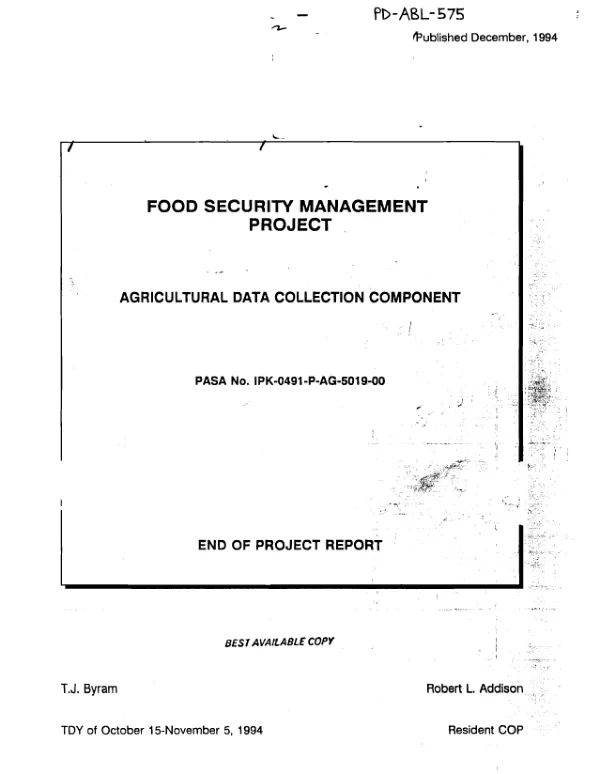 Food security management project : agricultural data collection component -- PASA no. IPK-0491-P-AG-5019-00 : end of project report
