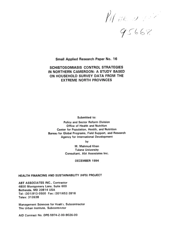 Schistosomiasis control strategies in northern Cameroon : a study based on household survey data from the extreme north provinces