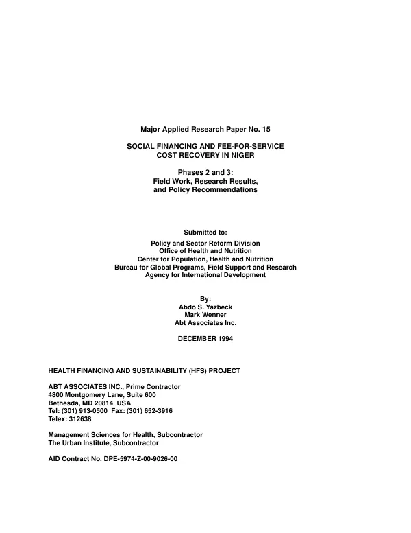 Social financing and fee - for - service cost recovery in Niger -- phase 2 and 3 : field work, research results, and policy recommendations