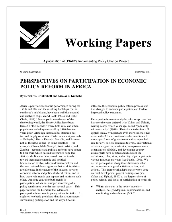 Perspectives on participation in economic policy reform in Africa