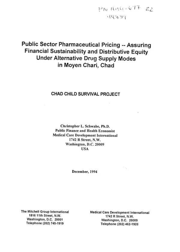Public sector pharmaceutical pricing -- assuring financial sustainability and distributive equity under alternative drug supply modes in Moyen Chari, Chad