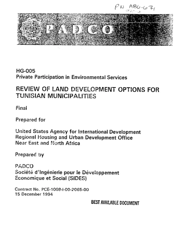 HG-005 private participation in environmental services : review of land development options for Tunisian municipalities
