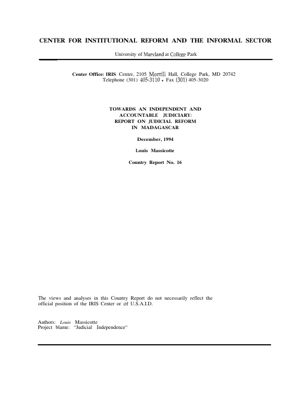 Towards an independent and accountable judiciary : report on judicial reform in Madagascar
