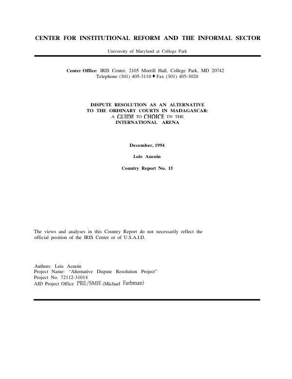 Dispute resolution as an alternative to the ordinary courts in Madagascar : a guide to choice in the international arena