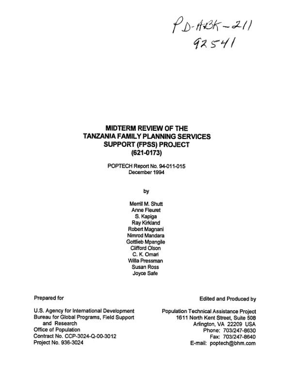 Midterm review of the Tanzania family planning services support (FPSS) project (621-0173)