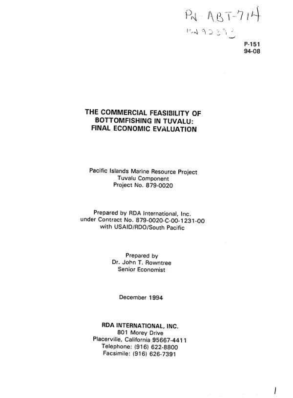 Commercial feasibility of bottomfishing in Tuvalu : final economic evaluation