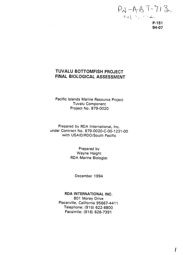 Tuvalu bottomfish project : final biological assessment