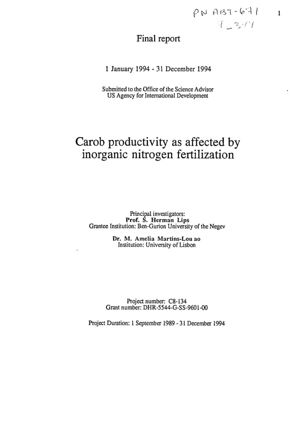 Final report 1 January 1994-31 December 1994 : carob productivity as affected by inorganic nitrogen fertilization